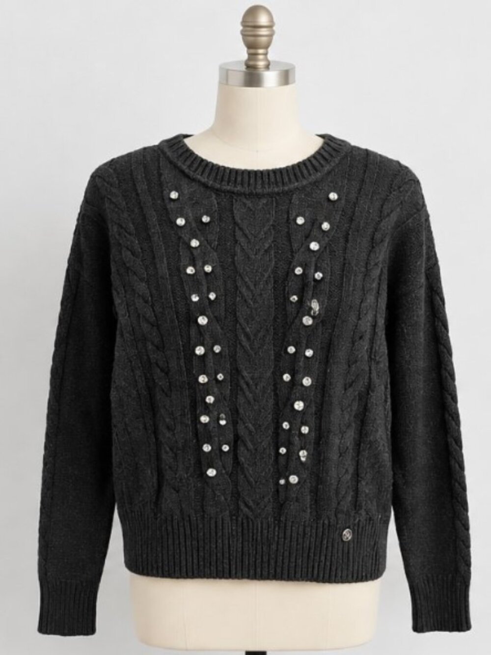 Karl Lagerfeld Crystal Embellished Cable Knit Sweater